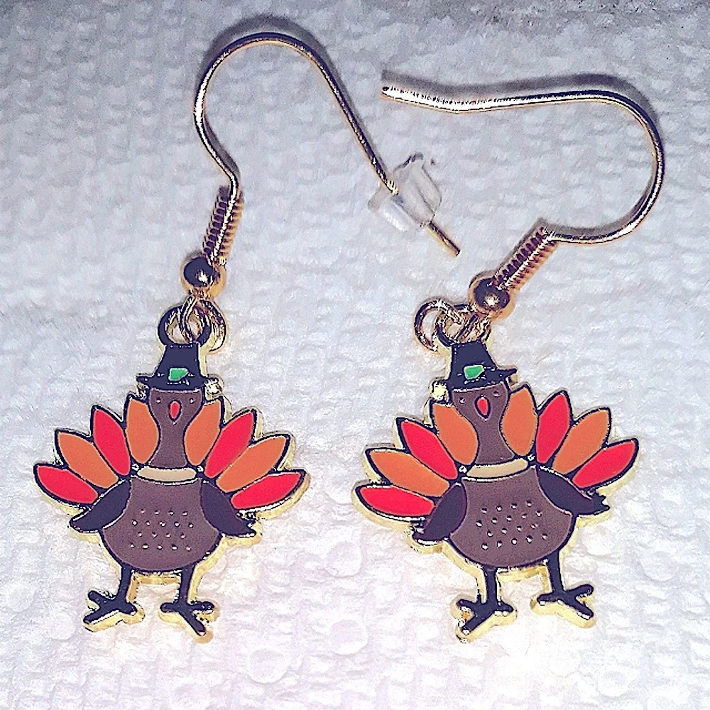 Thanksgiving Turkey Earrings Enamel Gold Pl Stainless Earwires Fall Birdie NEW